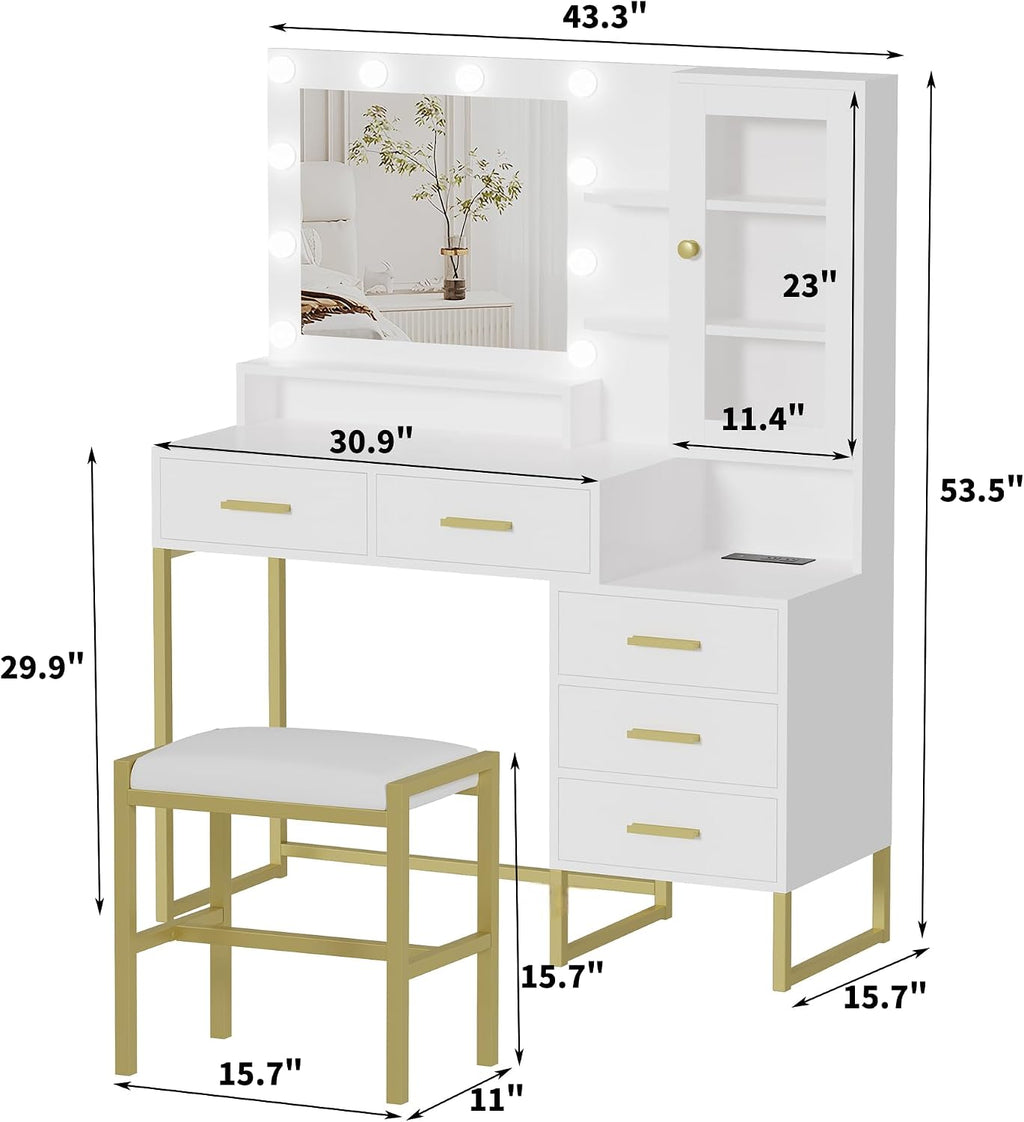 Vanity Desk with Mirror, Makeup Desk Set with 3 Color Lights and Chair, Modern Vanity Table with Drawers and Shevles, Dressing Table with Charging Station for Bedroom, White