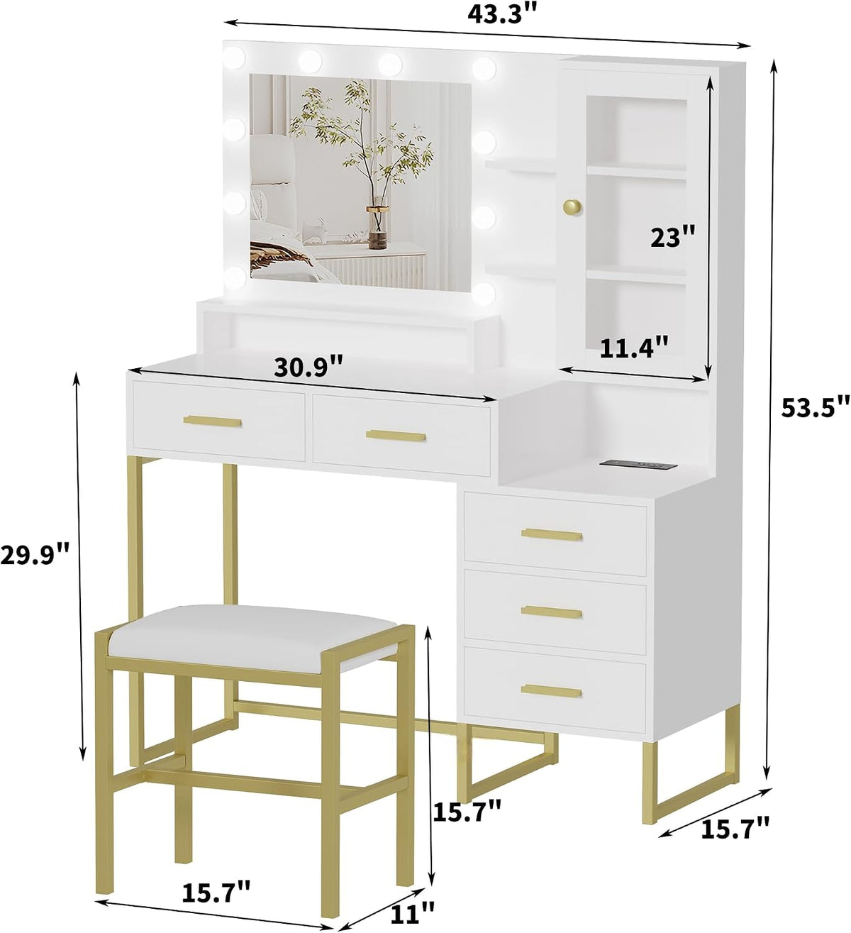 Vanity Desk with Mirror, Makeup Desk Set with 3 Color Lights and Chair, Modern Vanity Table with Drawers and Shevles, Dressing Table with Charging Station for Bedroom, White
