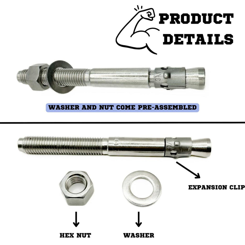 Mighty Fasteners Wedge Anchors – Heavy-Duty 304 Stainless Steel Expansion Bolts for Concrete & Masonry, Rust-Resistant & Durable - 3/4' X 7-1/2' - 10 Pack