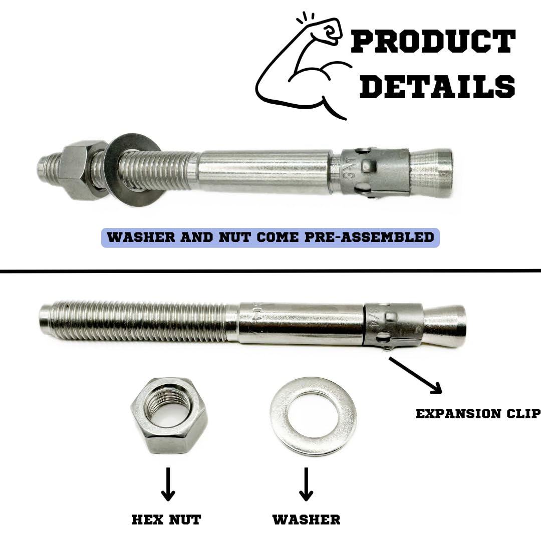Mighty Fasteners Wedge Anchors – Heavy-Duty 304 Stainless Steel Expansion Bolts for Concrete & Masonry, Rust-Resistant & Durable - 3/4' X 7-1/2' - 10 Pack