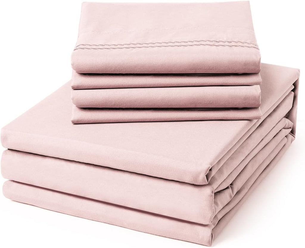 ClevaHome Queen Size Sheet Set - 6 Piece Soft Breathable Luxury Bed Sheet Set - Shrinkage & Fade Resistant Embroidered Bedding Sheet with Deep Pocket, 2 Extra Pillowcases (Queen, Barely Pink)