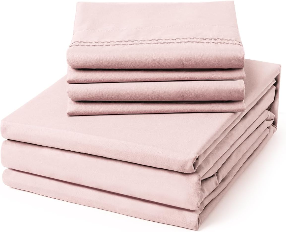 ClevaHome Queen Size Sheet Set - 6 Piece Soft Breathable Luxury Bed Sheet Set - Shrinkage & Fade Resistant Embroidered Bedding Sheet with Deep Pocket, 2 Extra Pillowcases (Queen, Barely Pink)