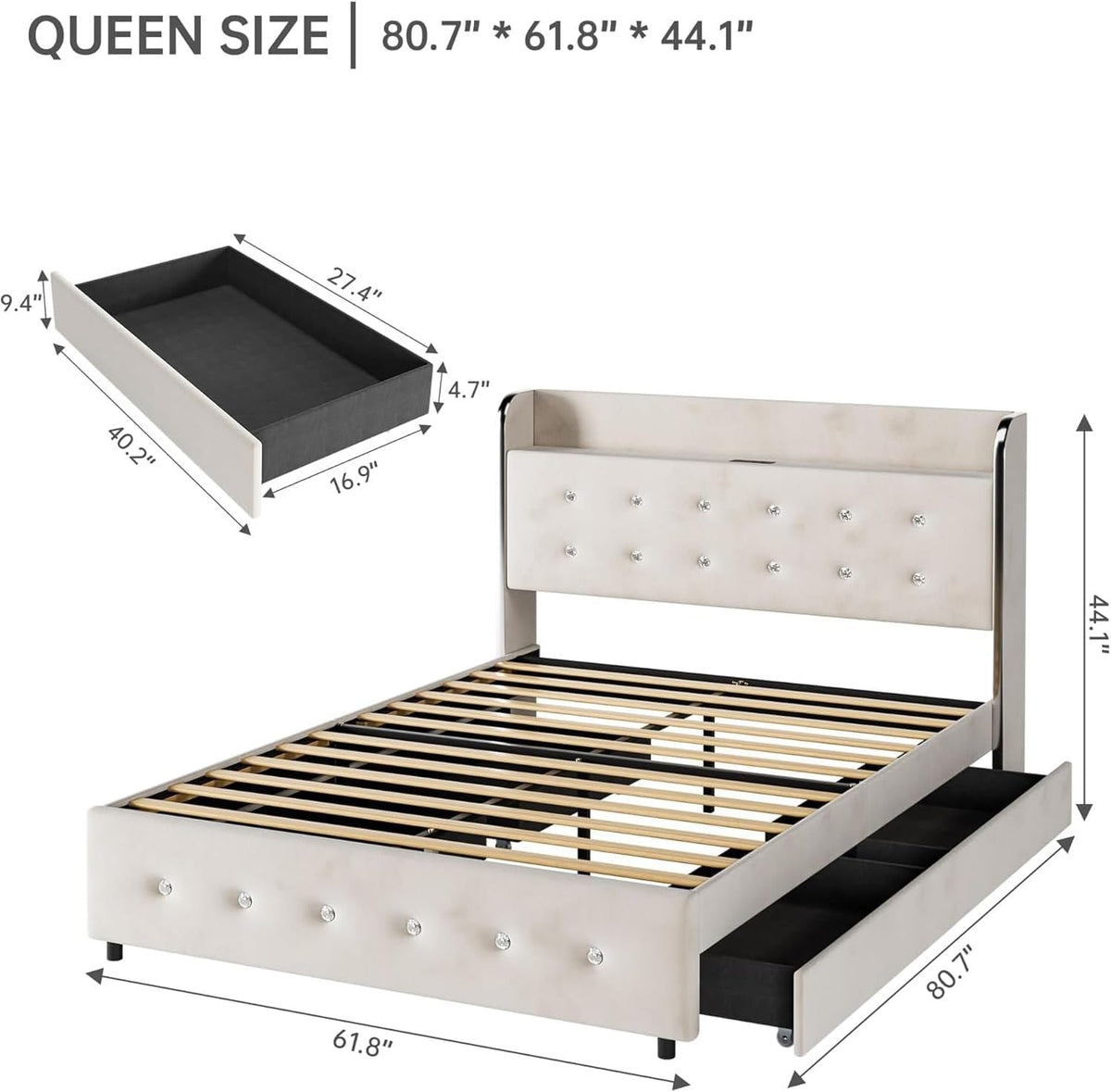 GarveeHome Queen Bed Frame with Storage Headboard& Charging Station, Velvet Upholstered Queen Platform Bed Frame with 4 Drawers&Wooden Slat Support, Noise Free Design, Easy to Assemble, Beige