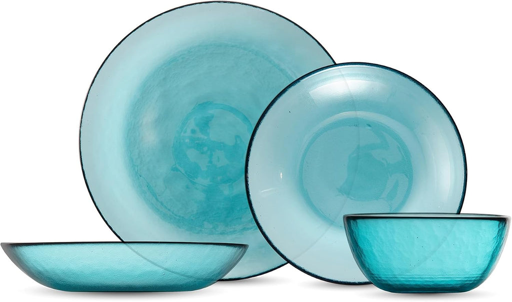 FORTESSA Los Cabos Tableware, 16-Piece Glass Dinnerware Set with 4 Dinner Plates, 4 Salad Plates, 4 Coupe Bowls and 4 Cereal Bowls, Dishwasher-Safe Glass Plate Set, Lagoon Blue