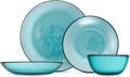FORTESSA Los Cabos Tableware, 16-Piece Glass Dinnerware Set with 4 Dinner Plates, 4 Salad Plates, 4 Coupe Bowls and 4 Cereal Bowls, Dishwasher-Safe Glass Plate Set, Lagoon Blue