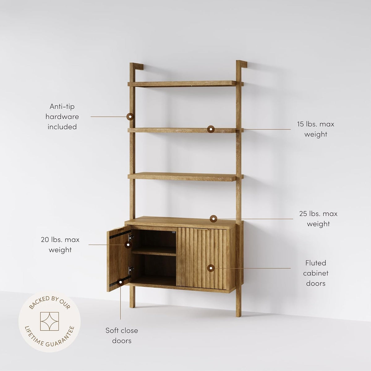 Nathan James Jasper 3-Shelf Solid Wood Boho Bookshelf, Wall Mounted Bookshelf with Cabinet with Fluted Doors, Light Brown