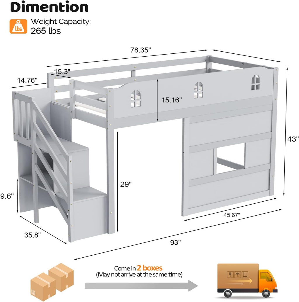JOYMOR Low Loft Bed with LED Lights, Twin Loft Bed with Stairs, Safety Guardrail, Curtain, Wooden Bed Frame for Kids with Storage Staircase and Under-Bed Play Space,Smoky Gray