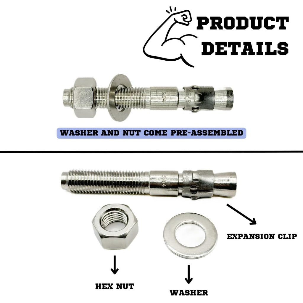 Mighty Fasteners Wedge Anchors – Heavy-Duty 304 Stainless Steel Expansion Bolts for Concrete & Masonry, Rust-Resistant & Durable - 7/8' X 6' - 10 Pack