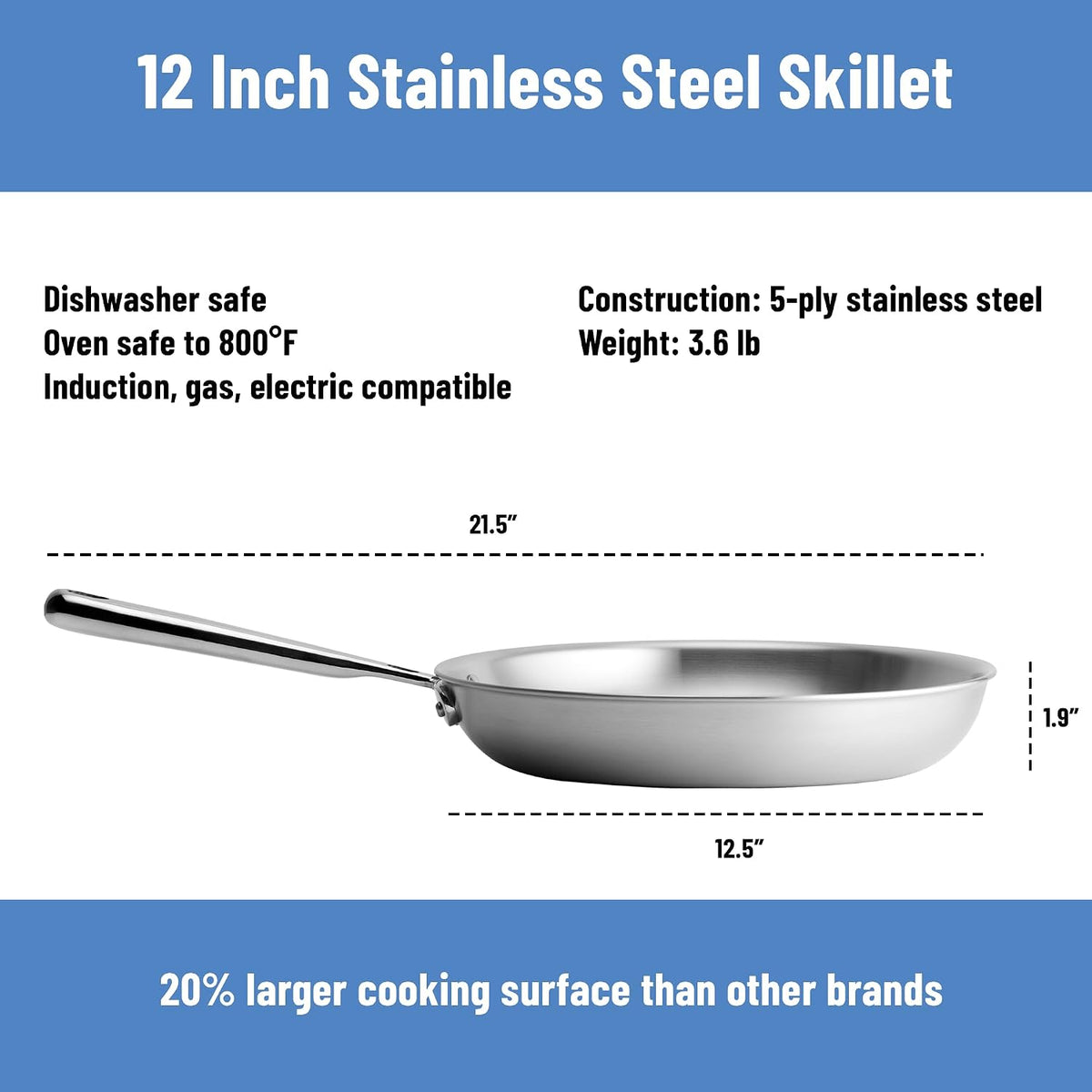 Misen 5-Ply Stainless Steel 12' Frying Pan - Professional Cookware for Induction, Gas and Electric - Dishwasher Safe, Oven Safe to 800°F - Durable, Versatile, Even Heating