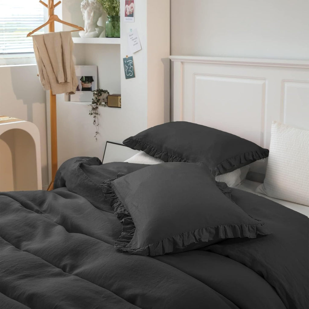 Simple&Opulence 100% Linen Duvet Cover Set, 3 PCS Natural French Flax Dark Grey Ruffle Duvet Cover Queen Size, Breathable Comfy Linen Bedding Comforter Cover with 2 Pillowcases (Dark Grey, 88' X 92')