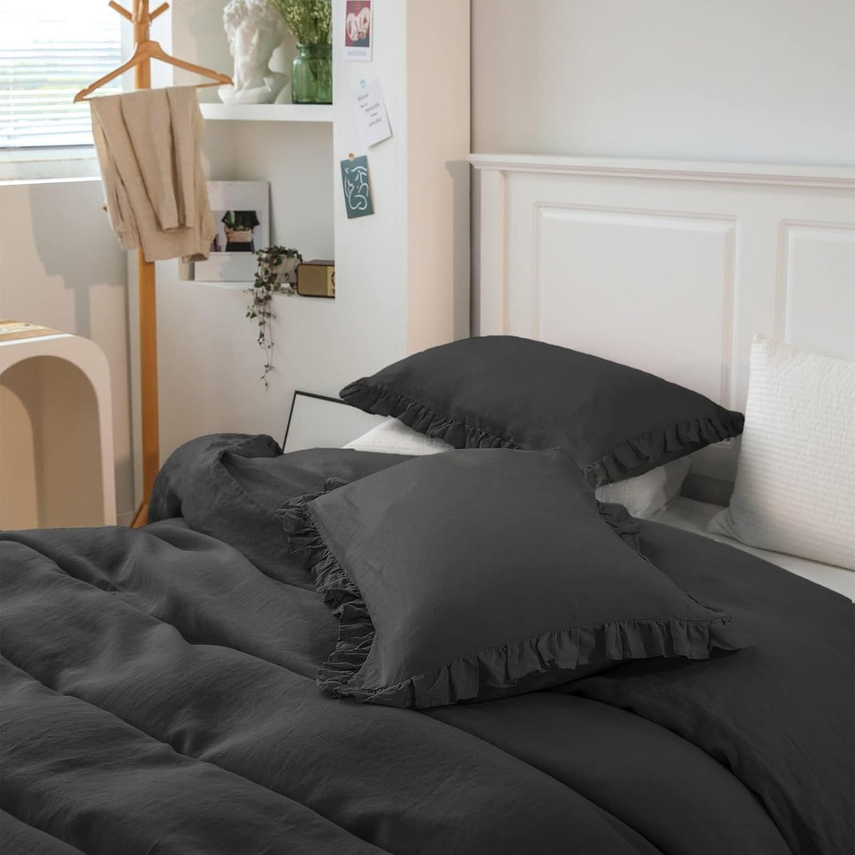 Simple&Opulence 100% Linen Duvet Cover Set, 3 PCS Natural French Flax Dark Grey Ruffle Duvet Cover Queen Size, Breathable Comfy Linen Bedding Comforter Cover with 2 Pillowcases (Dark Grey, 88' X 92')