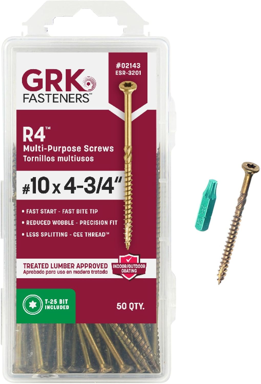 GRK Fasteners R4™ #10 x 4-3/4 Inch, Multi-Purpose Framing Screws, 50 PCS, Rust Resistant Climatek™ Coating, Outdoor Fencing and Deck Screws, Fast Bite Tip, Star Drive Recess, T-25 Bit Included, Gold