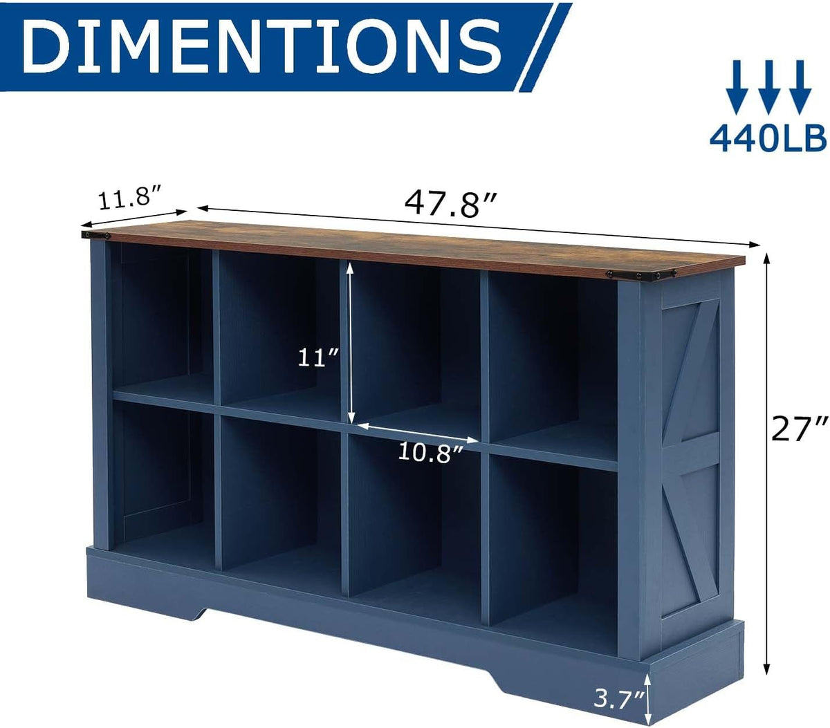 8 Cube Storage Organizer, 2 Tier Book Shelf with Led Lights, Farmhouse Book Shelves for Living Room, Horizontal Toy Storage Bookshelf, Wood Display Bookcase Cabinet for Bedroom, Office, Blue