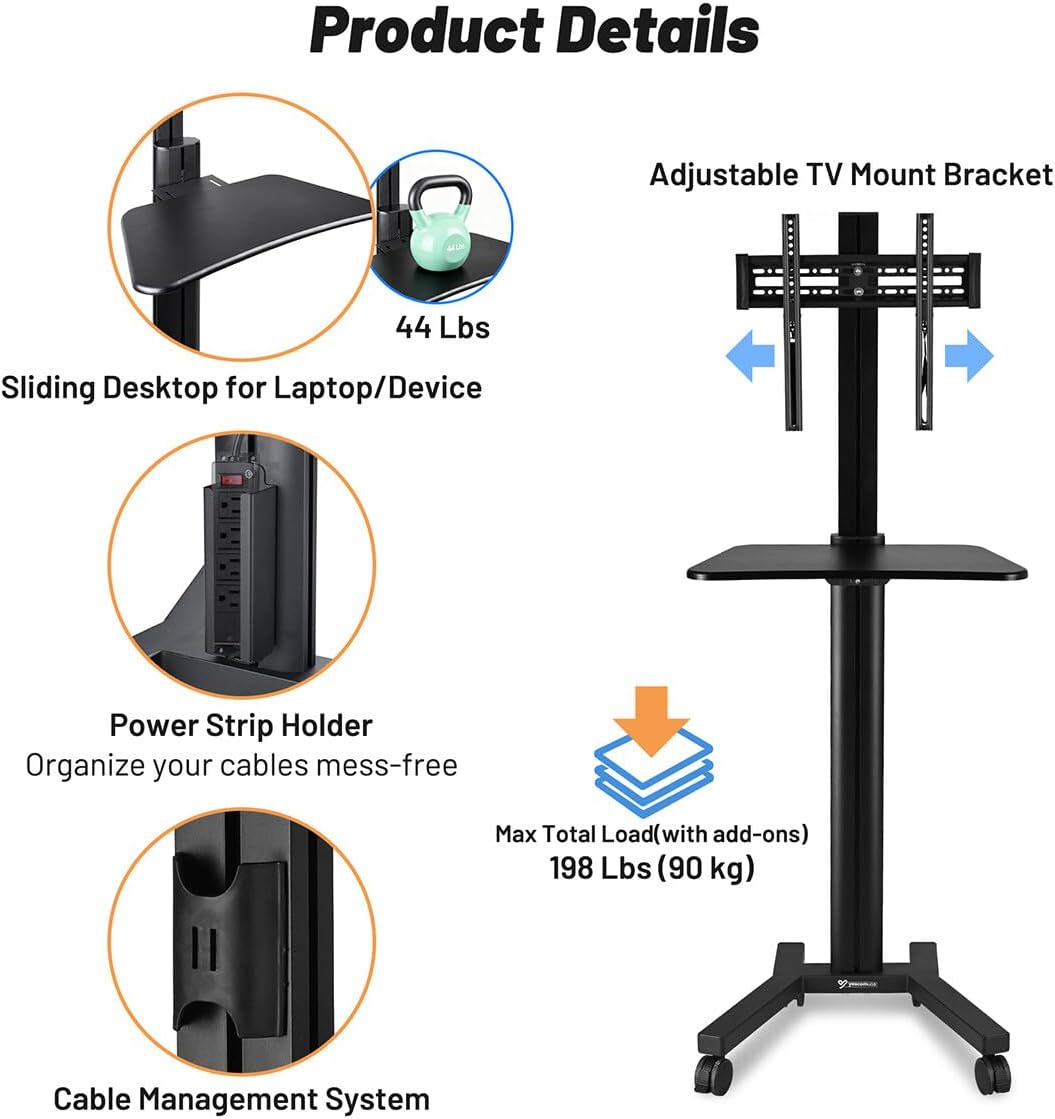 AW NexusX Presenter Medical Mobile TV Stand on Wheels Aluminum Heavy Duty with Laptop Shelf for 32 to 65 Inch LCD LED Screen TVs Dental Clinics Hospital