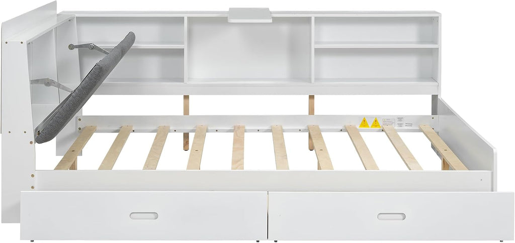 Merax Corner Full Bed Frame, Wood Platform Bed with Storage Headboard, Full Size Daybed with 2 Drawers and Rotatable Storage Board for Living Room,Bedroom,Guest Room,White