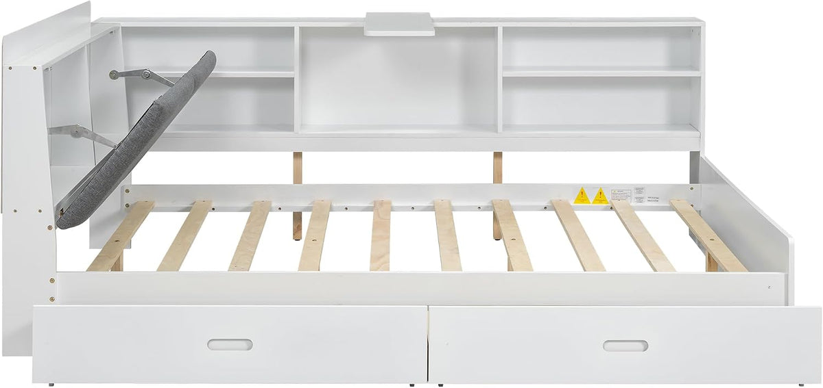 Merax Corner Full Bed Frame, Wood Platform Bed with Storage Headboard, Full Size Daybed with 2 Drawers and Rotatable Storage Board for Living Room,Bedroom,Guest Room,White