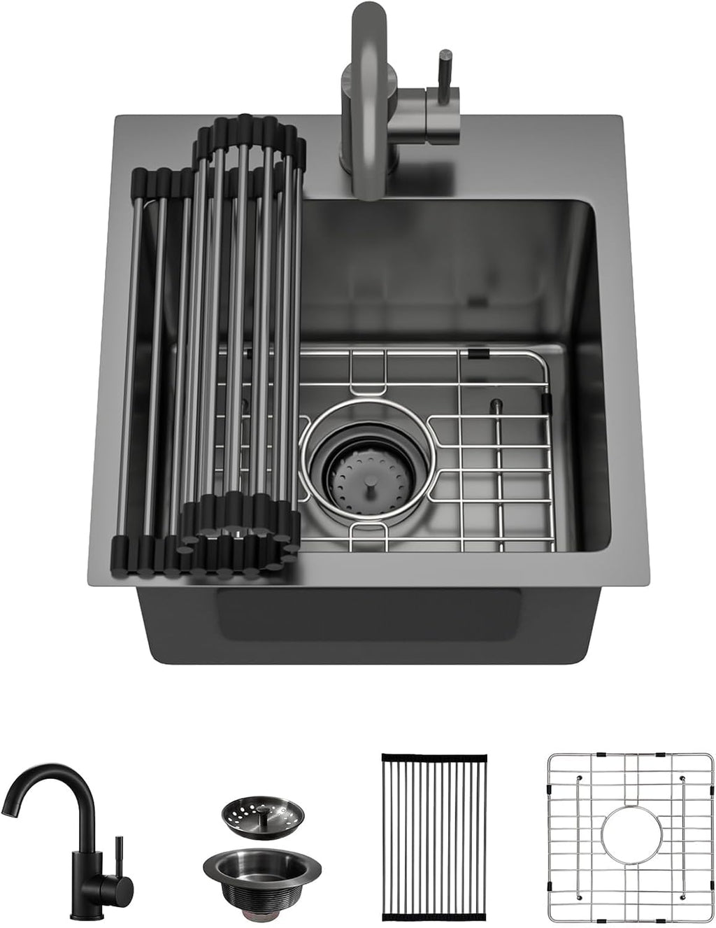 15x15 Inch Black Drop In Bar Sink with Faucet, 16 Gauge T-304 Stainless Steel Single Bowl Wet Prep Sink for Kitchen Bar, RV, Outdoor, and Boat, Gunmetal Black #TLT-0017