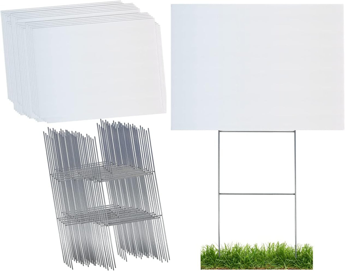 Durable Blank Corrugated White Yard Sign Kit Includes 100 Each: Large 18x24 Signs and Strong Galvanized Steel Double H 10x24 Yard Stakes - Pack of 100 18x24 Signs with Yard Stakes