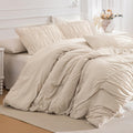 Lady Ann Oversized King Bed Comforter Set- Wheat Ruched Boho 128 x 120 Comforter Set for Bedroom, 3 Piece Fluffy Bedroom Set with Pillow Shams Soft All Season Bed Sets