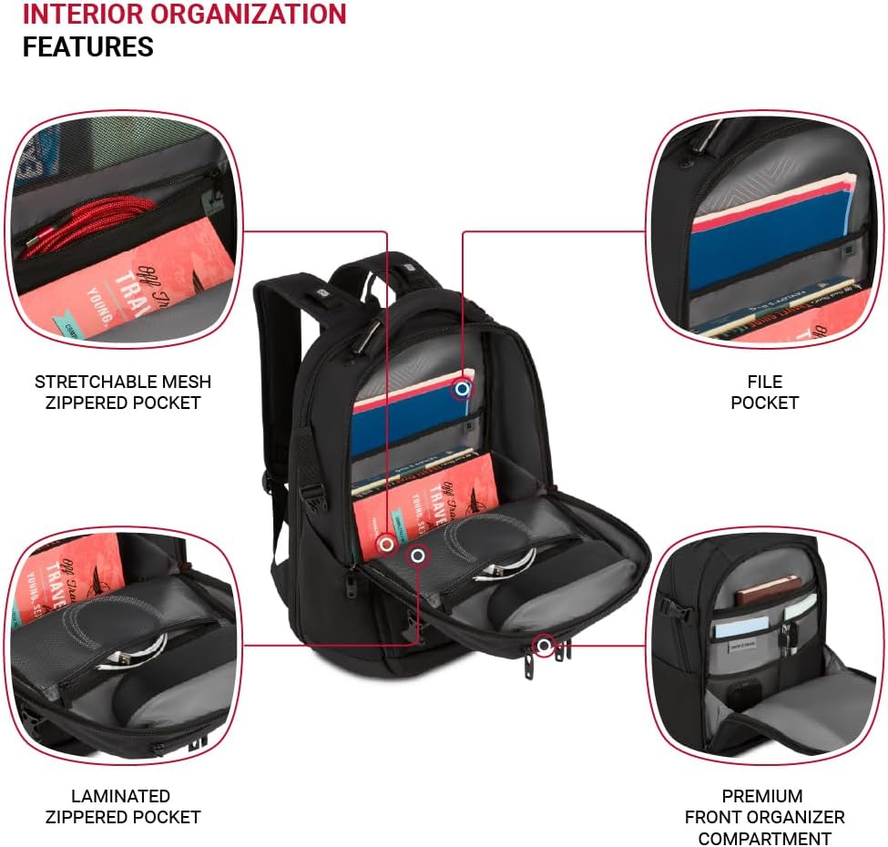 SwissGear Travel Tech Pro Laptop Backpack – Fits Laptops up to 16' – ScanSmart TSA-Friendly Backpack with Multiple Organizer Pockets – Black