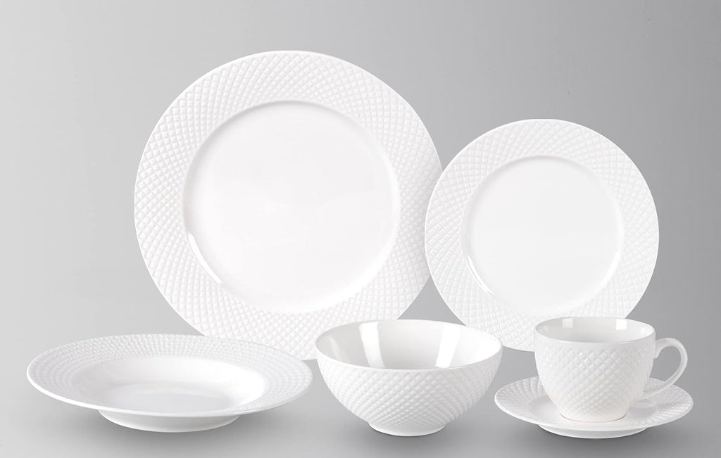 HomeVss, New Bone China Dinnerware Set, Embossed Diamond Design, 48pc Set