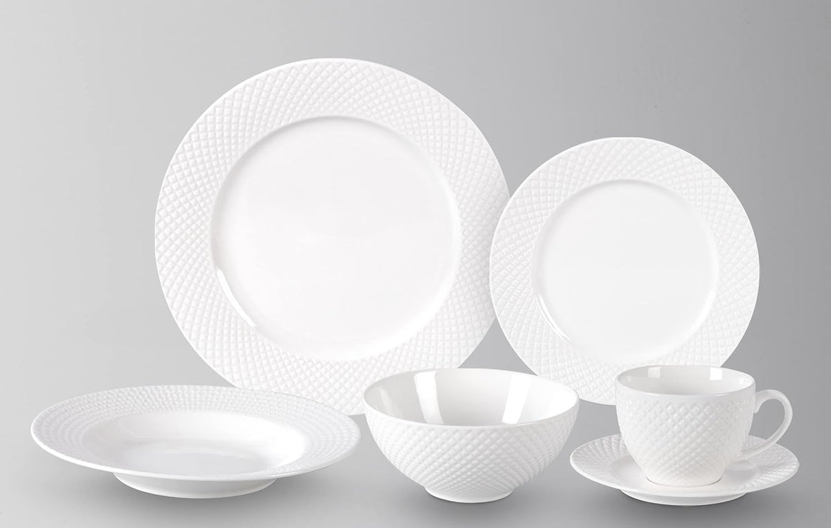 HomeVss, New Bone China Dinnerware Set, Embossed Diamond Design, 48pc Set