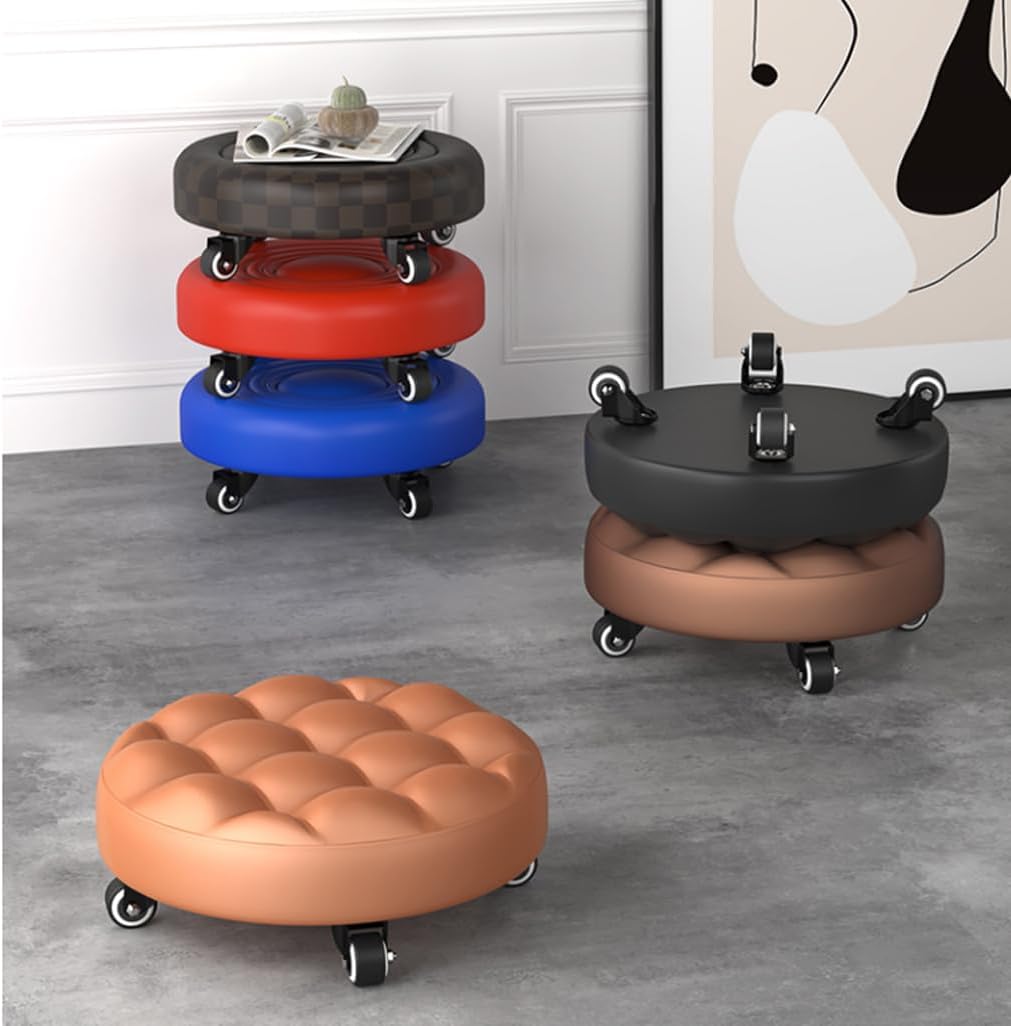 Heavy-Duty Low Roller Stool with 360° Swivel Wheels, Ottoman Footstool, Low-Height Short Rolling Stool Seat, PU Leather Small Mechanic Chair, Rolling Stools for Garage, Shop, Library red1