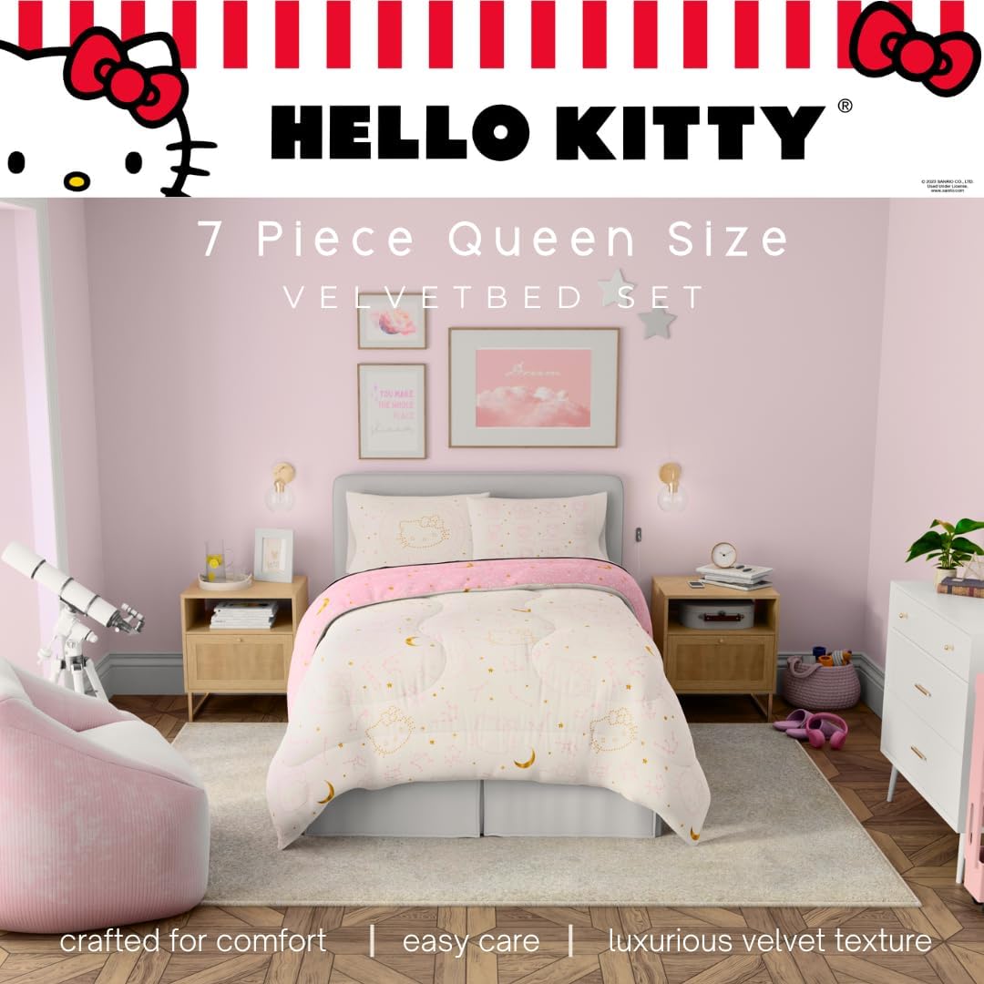 Lux Hello Kitty Velvet Bedding 7 Piece Super Soft Cozy Reversible Comforter and Sheet Set with Sham & Tote Bag, Queen, (Officially Licensed Product) by Franco