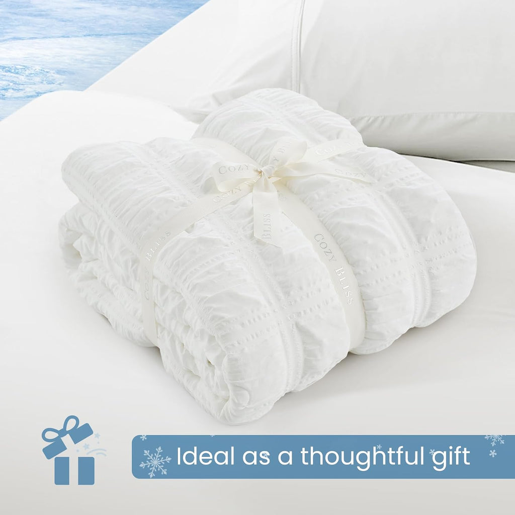 Cozy Bliss Cooling Comforter Seersucker Plaid, Q-Max 0.45 Lightweight Cooling Blanket, Breathable Silk Smooth Summer Bedding Quilt for Hot Sleepers Night Sweats, Cali King(106'*96'), White