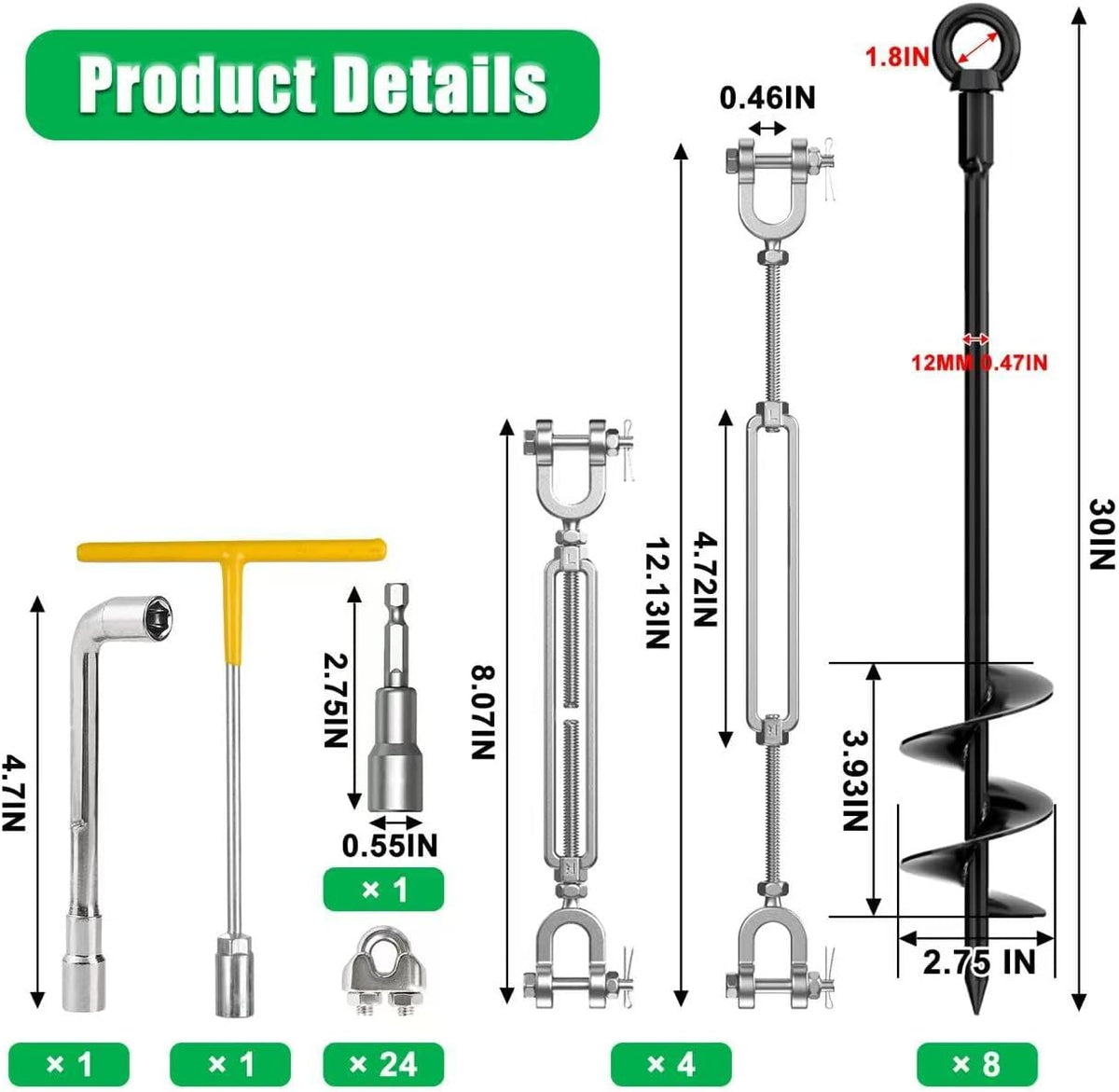 8 Pack 30' Heavy Duty Ground Anchors Shed Anchors Kit with 3/16' Galvanized Cable & 1/4' Jaw and Jaw Turnbuckle, Earth Anchors for Mobile Home Carport Gazebo Trampoline Swingset Tent