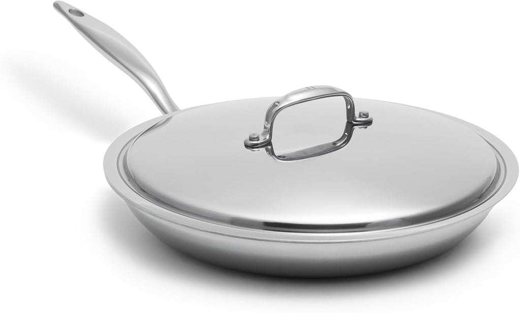 Heritage Steel 12 Inch Fry Pan with Lid | Made In USA | Titanium Series | 316Ti Skillet with Stay Cool Handle | Fully Clad Stainless Steel Pan with 5-Ply Construction | Induction Ready & Non Toxic