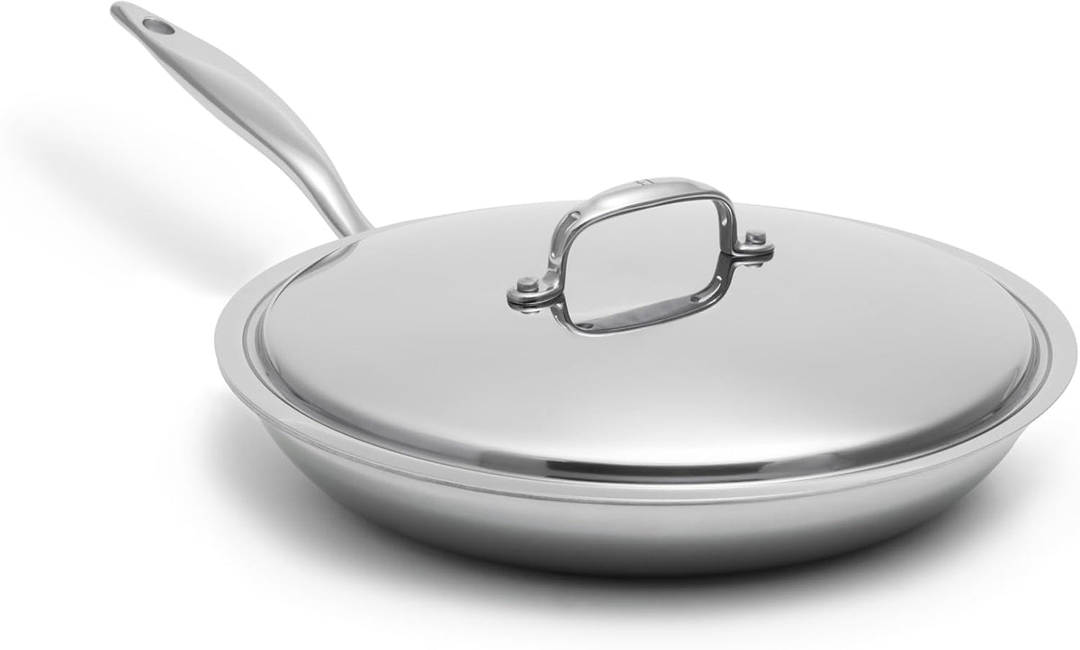 Heritage Steel 12 Inch Fry Pan with Lid | Made In USA | Titanium Series | 316Ti Skillet with Stay Cool Handle | Fully Clad Stainless Steel Pan with 5-Ply Construction | Induction Ready & Non Toxic