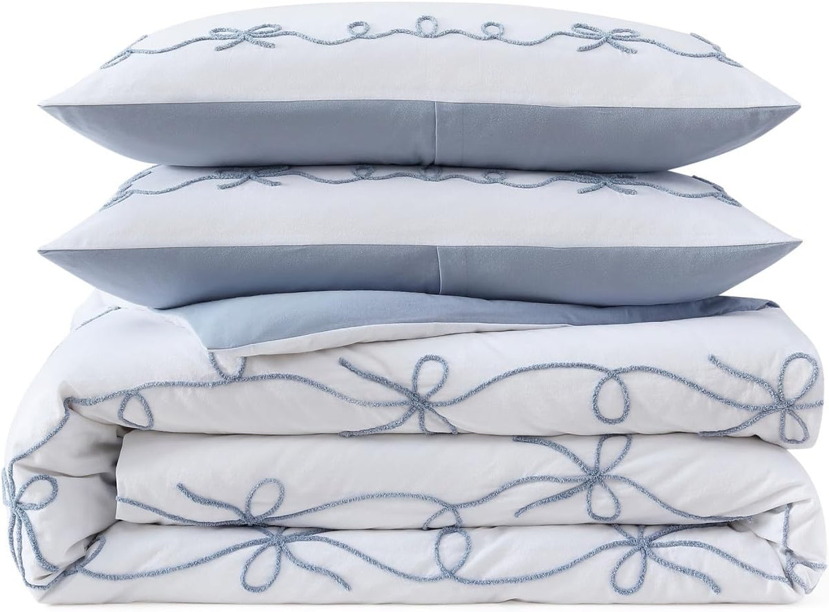 Peri Home Bows Duvet Cover Set 100% Cotton 3-Piece Bedding, King, Blue Sasha Bows