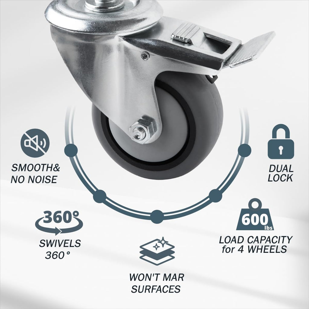 POWERTEC 17201-Case4 3' Heavy Duty Threaded Stem Swivel Caster Wheels with 600 lbs Total Loads, Dual Locking Industrial Castor Wheels for Workbench, Dolly, Cart & Furniture, (Pack of 16)