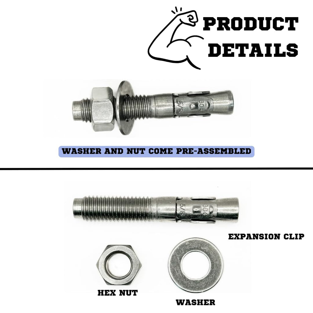 Mighty Fasteners Wedge Anchors – Heavy-Duty 304 Stainless Steel Expansion Bolts for Concrete & Masonry, Rust-Resistant & Durable - 5/8 X 3-3/4' - 25 Pack