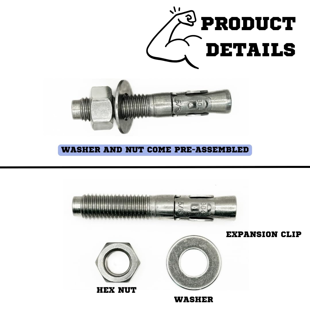 Mighty Fasteners Wedge Anchors – Heavy-Duty 304 Stainless Steel Expansion Bolts for Concrete & Masonry, Rust-Resistant & Durable - 5/8 X 3-3/4' - 25 Pack