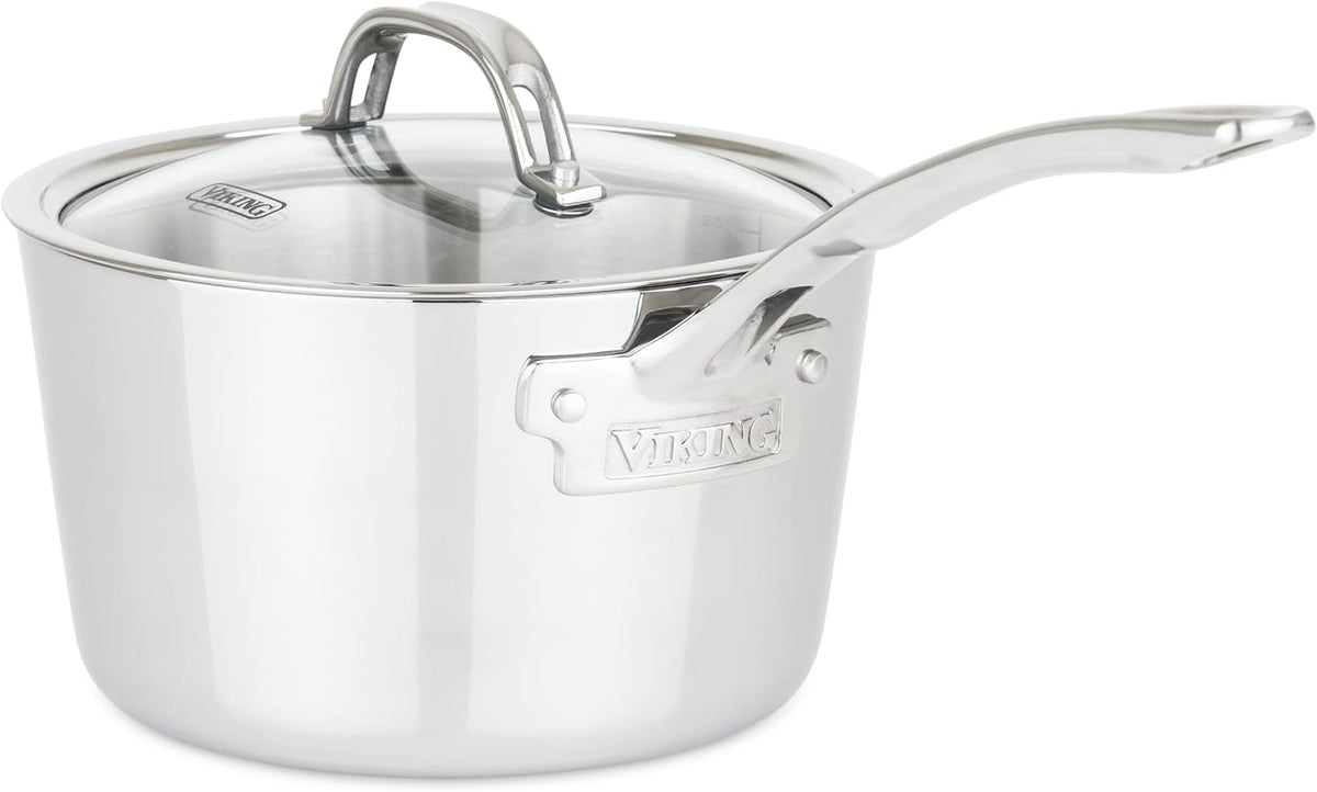 Viking Contemporary 3-Ply Stainless Steel Sauce Pan with Glass Lid, 3.4 Quart Saucepan Cooking Pot, Dishwasher and Oven Safe, Induction Ready, Silver