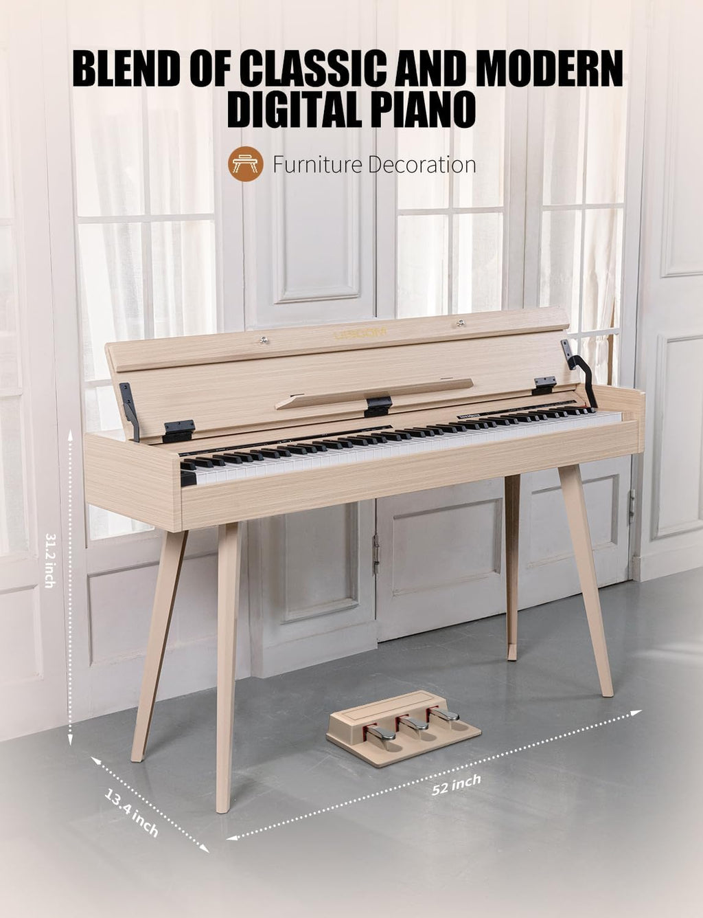 UISCOM 88 Key Weighted Home Digital Piano- Wooden Desk Electric Piano Transforms Between Desk and Vanity - Progressive Hammer-Action Keyboard, Perfect for Beginners with MIDI-Apricot