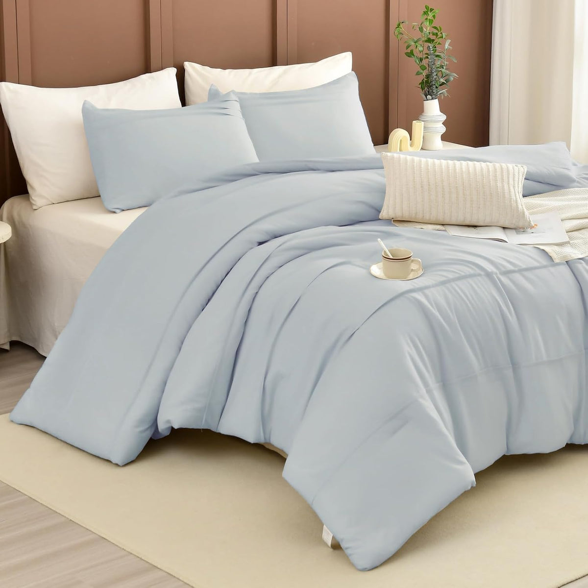 Masaca Oversized King Comforter 120x120,3 Pieces Pinch Pleated Bedding Comforter,Light Blue Rustic Boho Cal King Bed Comforter Oversized Lightweight and Soft