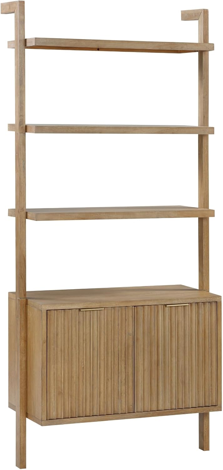 Nathan James Jasper 3-Shelf Solid Wood Boho Bookshelf, Wall Mounted Bookshelf with Cabinet with Fluted Doors, Light Brown