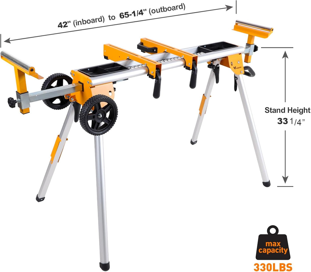 WORKESS Portable Miter Saw Stand with 6.75 in Wheels 330 lbs Load Capacity Heavy Duty Universal Mitre Saw Stand Tool Storage Trays WK-MS080