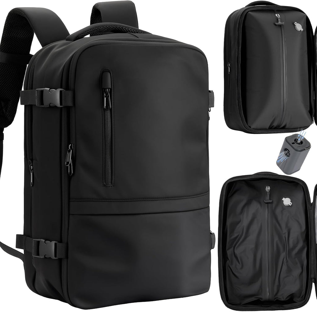 Vacuum Seal Travel Backpack 60L – Air Compression System, Water-Resistant Carry-On Backpack with TSA Lock, 17' Laptop Compartment, Vacuum Pump Included for Travel, Business - Black
