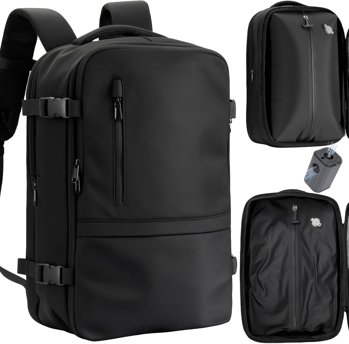 Vacuum Seal Travel Backpack 60L – Air Compression System, Water-Resistant Carry-On Backpack with TSA Lock, 17' Laptop Compartment, Vacuum Pump Included for Travel, Business - Black