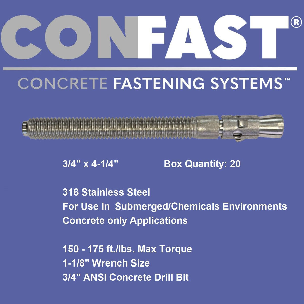 CONFAST 3/4' x 4-1/4' 316 Stainless Steel Wedge Anchor (5 per Box)