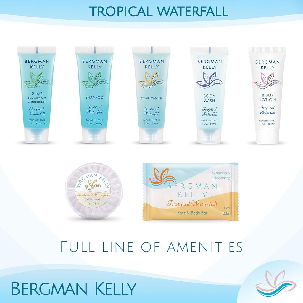 Bergman Kelly - Hotel Toiletries Bundle - Tropical Waterfall, 1 oz each, 18800 pcs - 4-Piece Set: Rectangular Bar Soap, Shampoo, Conditioner & Body Lotion (4700 each) - Bulk Mini Guest Amenities