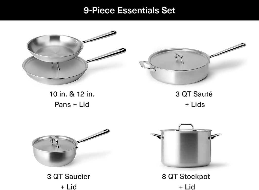 Misen 5-Ply Stainless Steel Cookware Set - Versatile, Dishwasher Safe - 9-Piece Set - 10' Skillet, 12' Skillet + Lid, 3 QT Saute Pan + Lid, 3 QT Saucier + Lid, 8 QT Stockpot + Lid