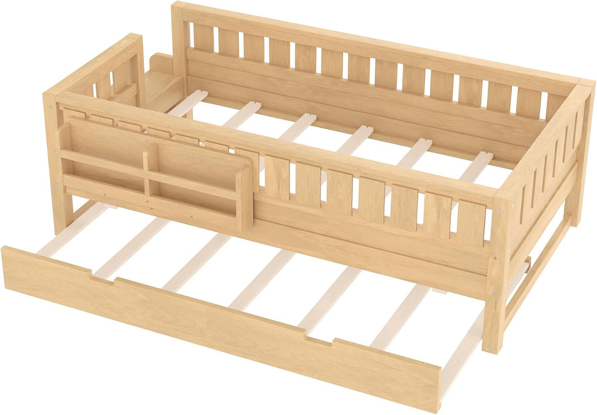 Bellemave Twin Bed with Trundle Twin and Stairs, Twin Size Platform Bed Frame with Fence and Bookshelf, Easy Assemble Beds for Kids, Girls, Boys, Light Natural