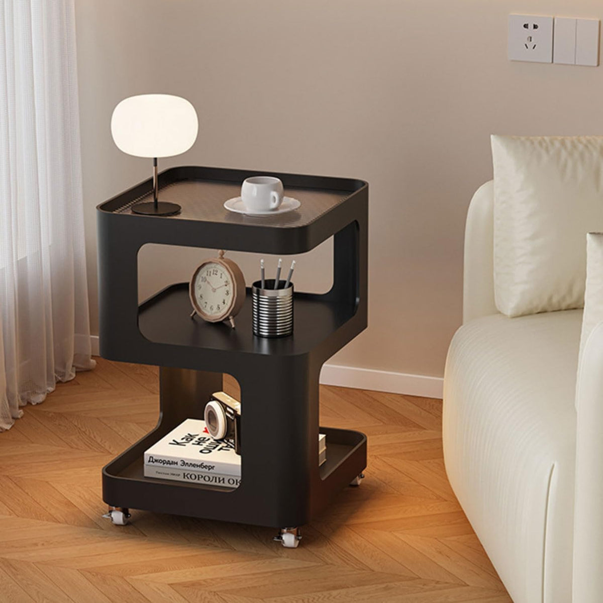 Side Table, Nightstand with Universal Wheels, Modern Bedside Table, with Open Storage Shelf,Stable,with Metal FrameSuitable for Bedroom, Living Room(Black,35cm/14in)