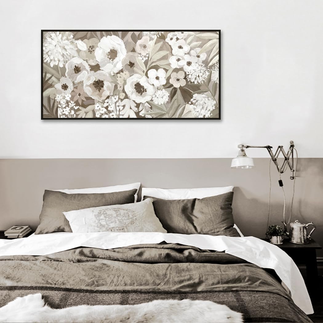 Framed Floral Canvas Wall Art, Gray and White Poppy Flowers Artwork for Boho Living Room Bedroom Office Decor, 24 x 48 Inch