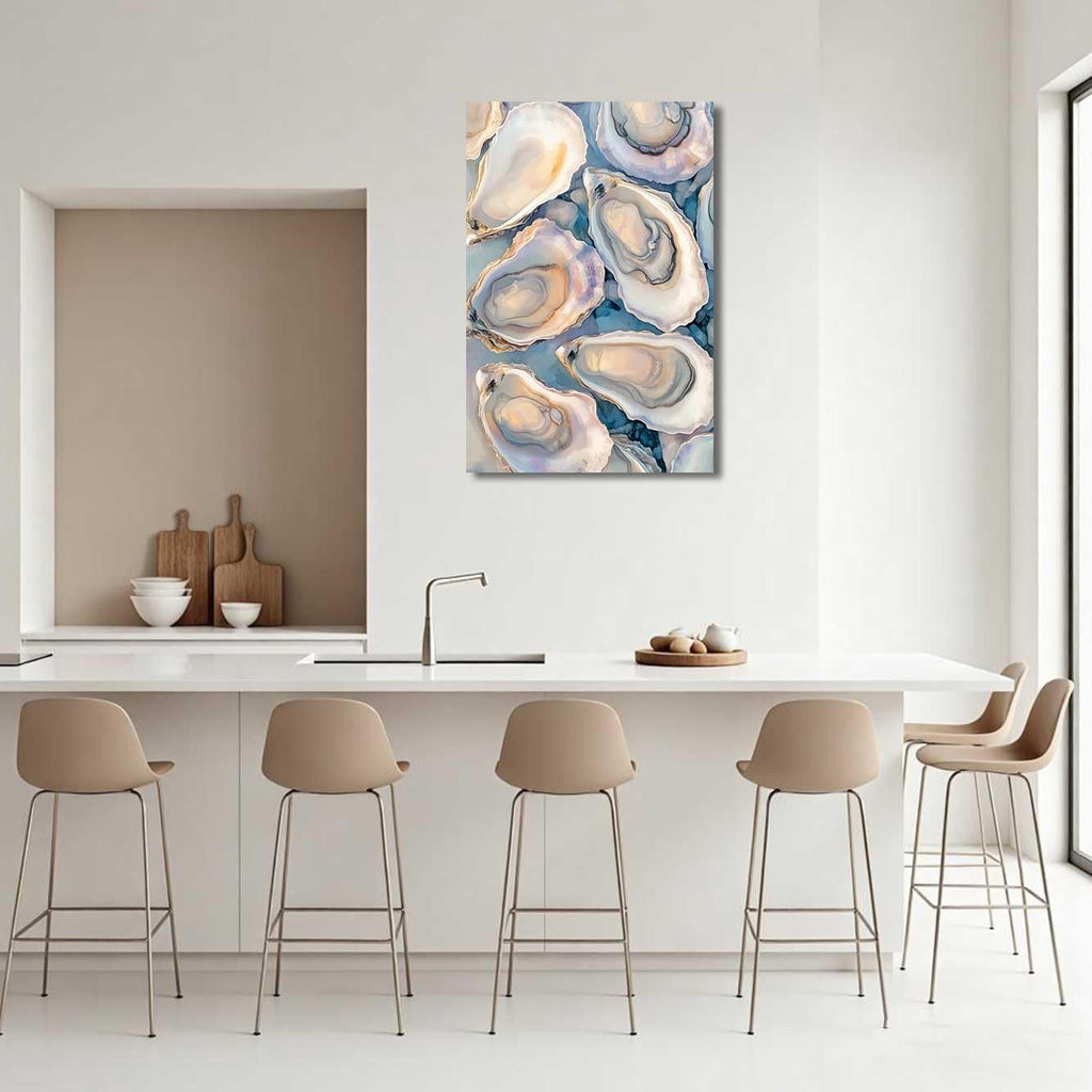 BJYCHG Oyster Wall Art Kitchen Pictures Oyster Shell Watercolor Canvas Prints Coastal Beach Aesthetic Poster Paintings Blue and Grey Bathroom Dining Room Decor Framed (42L x 28W)